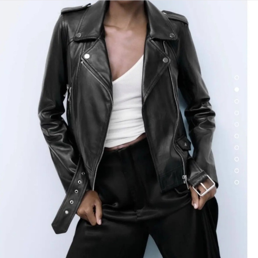 Zara Genuine Sheep Leather Asymmetric Motorcycle Jacket S Black - fits like XS
